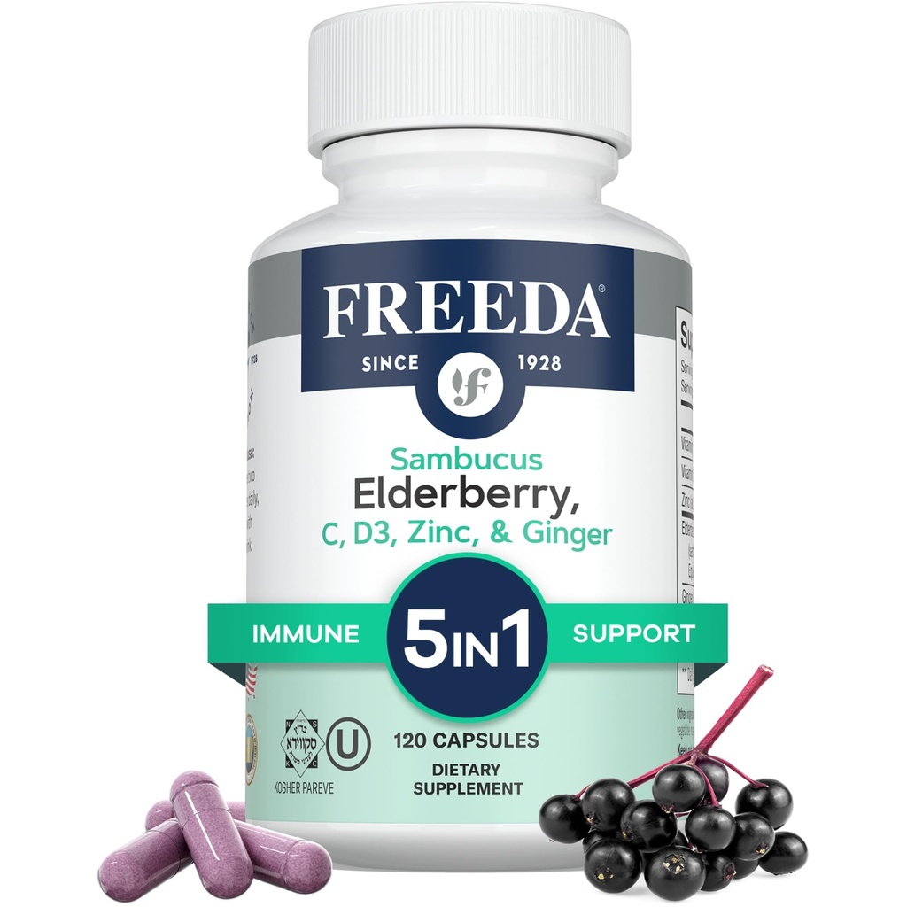 FREEDA Sambucus Elderberry cu vitamina C, zinc, vitamina D3 și ghimbir - 5 în 1 supliment de suport imun antioxidant vegetal pentru femei și bărbați - Gluten capsule Elderberry gratuit adult, Statele Unite ale Americii Made (120 Conte)