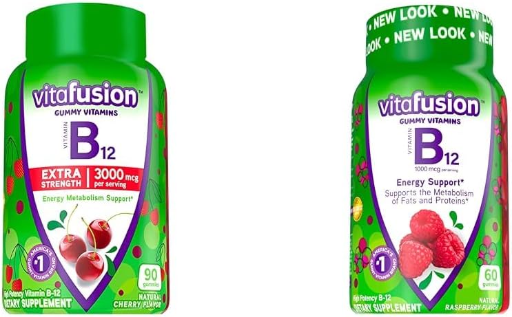 Vitafuzie Vitamina B12 Gummy vitamine pentru suport metabolic energie, cireșe și zmeură arovățit, America de Number 1 Brand, 90 și 60 Conte