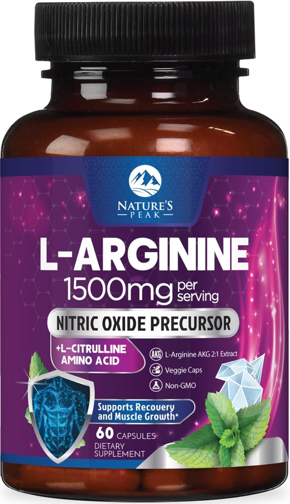 L-Arginină Complex - Extra Putere Oxid azotat Booster Supliment - Energie premium Amestec pentru sanatatea cardiaca naturala si suport muscular - non-GMO, Made for Men & Women, Stickd USA - 60 capsule