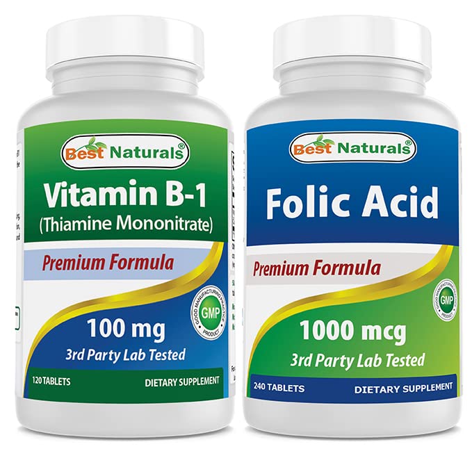 Cele mai bune naturale Vitamina B1 ca Tiamină Mononitrat 100 mg & Acid folic 1000 mcg