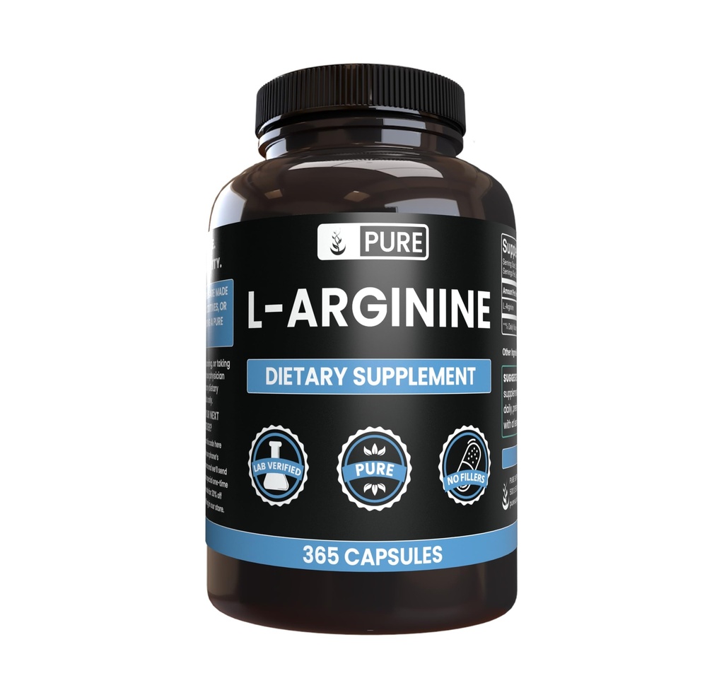 Ingrediente originale pure L-Arginină (365 capsule) Nu magneziu sau umpluturi de orez, întotdeauna pură, Lab verificat