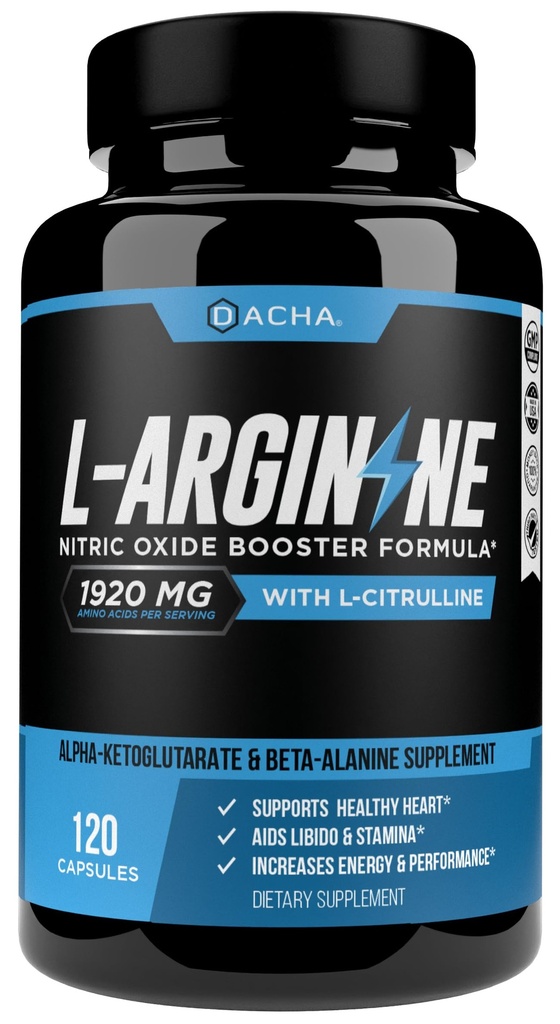 DACHA Premium L Arginine Pills 1920 MG - 120 VCAPs AAKG Oxid de azot Precursor, L-Citrulline HCL, Beta Alanine, Aminoacidi esențiali pentru energie, creștere musculară, Heart Health, Vascularity & Stamina