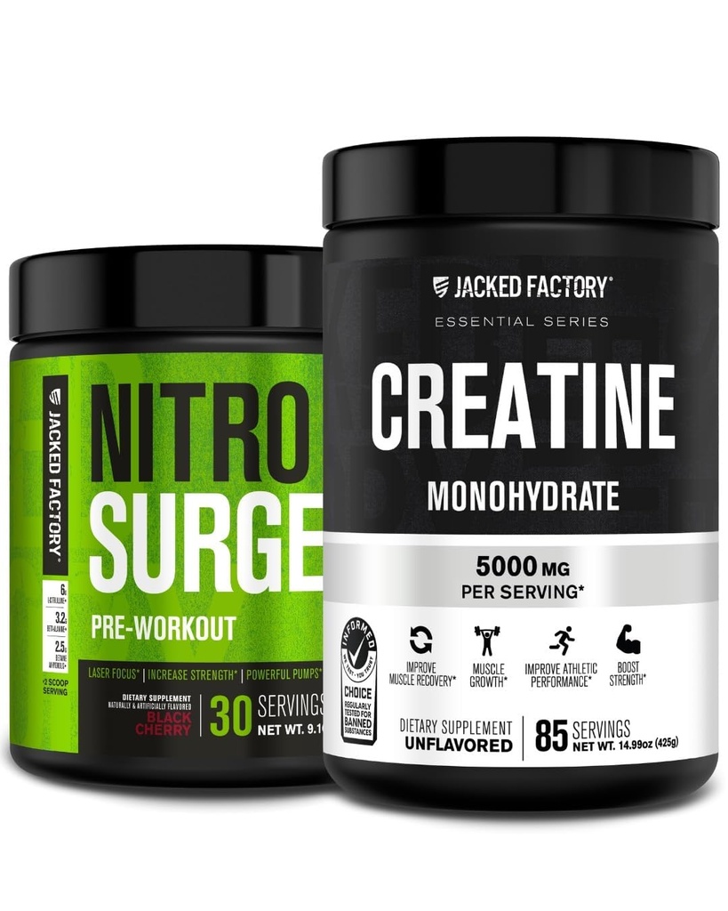 Fabrica Jacked Nitrosurge Pre-workout în negru Cherry & Creatină Monohidrat pentru bărbați și femei