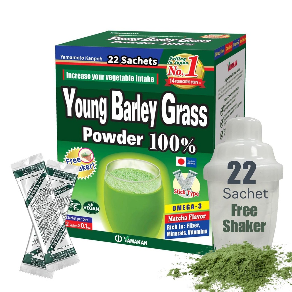 Yamamoto Kanpoh YAMAKAN Barley Grass Juice Powder, Young Barley Grass Powder bogat în minerale, vitamine și proteine de bază pentru femei și bărbați, suc de iarbă din Japonia, non OMG 22 Count