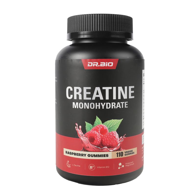 DR.BIO Creatine Monohidrat Gummes for Energy & Muscle Support, Pre-Workout Complex Creatin for Women & Men with 5000mg Creatine, L-Taurina, B12, Mg and K, Vegan, Red Raspberry, 110 Count