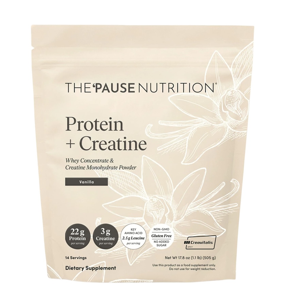 "Pause Life Proteine + Creatina, Made with Creatina Creatina Creatina Monohidrat, Whey Proteine, & BCAAs for Men and Women, Gluten Free, Low Sugar, Non OMG, Vanilla Flavor, 14 Servings, 17,8 oz