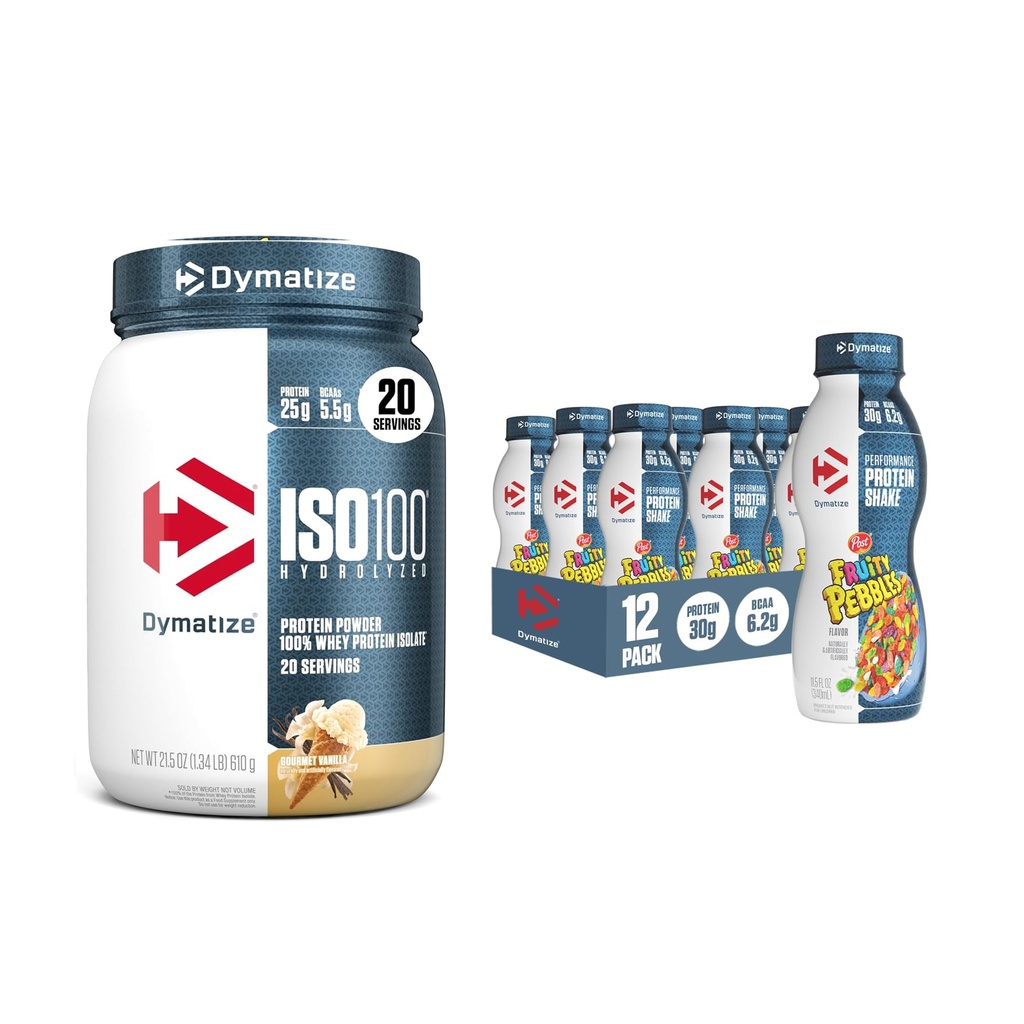 Bundle de Shake proteine de performanță dimatiza, pietricele de fructe (12 ambalaj) + ISO100 Whey pulbere de proteine Izolat, Gourmet Vanilla (20 serviri)