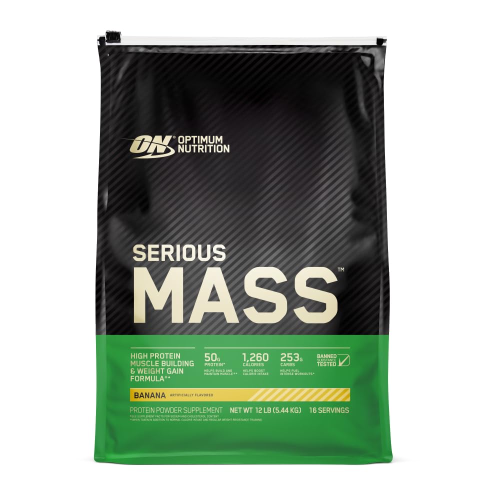 Optimum Nutriție Masă gravă, Greutate Gainer Pulbere Proteină, Gainer masă, Vitamina C și Zinc pentru Suport Imun, Creatină, Banana, 12 Lire (Packaging May Vary)