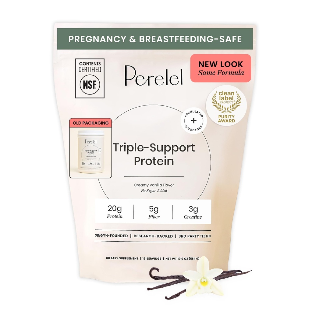 Perelel Triple-Suport Plant Pe bază de praf de proteine, Creamy Vanilla, 20g Vegan Praf de proteine, 3g Creatină Monohidrat, & 5g Fibră prebiotică pe servire, lactate gratuit, fără zahăr adăugat, 15 zile de aprovizionare