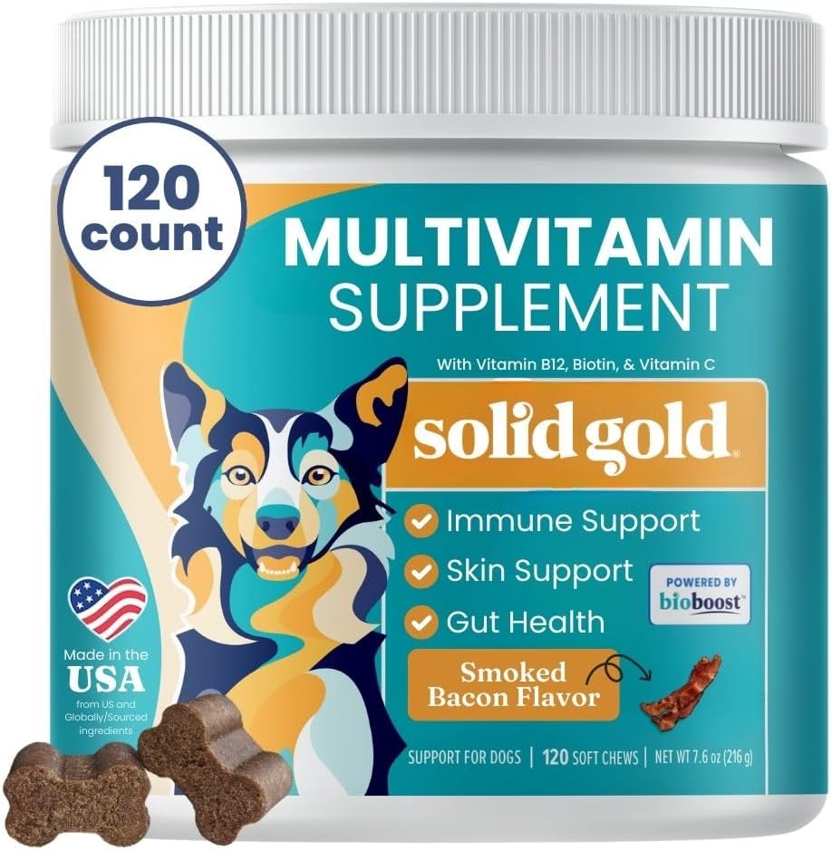 Solid Gold Dog Multivitamine - Soft Dog Vitamine & Suplimente Chews - All-in-One Heart, Imun, Brain, Skin, Coat & Gut Health Support w/Vitamina C, B12, Probiotics & Antioxidanti - Bacon Flavor 120ct