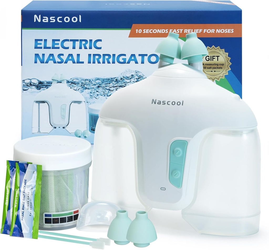 Sistem de irigare nazală electrică cu 50 Pachete de sare, 2 Moduri Curățare nas cu autocurățare & Auto Funcția de colectare a deșeurilor pentru Sinus Relief Runny nas, Congestie nazală, Mâncărime nas