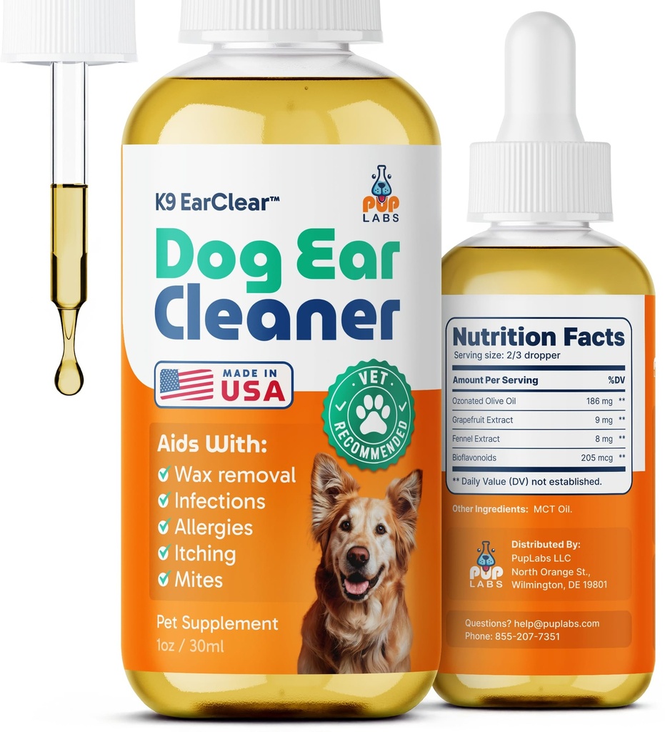 Pup Labs ureche clar, câine natural ureche curata si tratament infectie pentru câini, Dog picături pentru mâncărime, Iritație, & Wax Build-Up, 1 oz flacon cu picurator