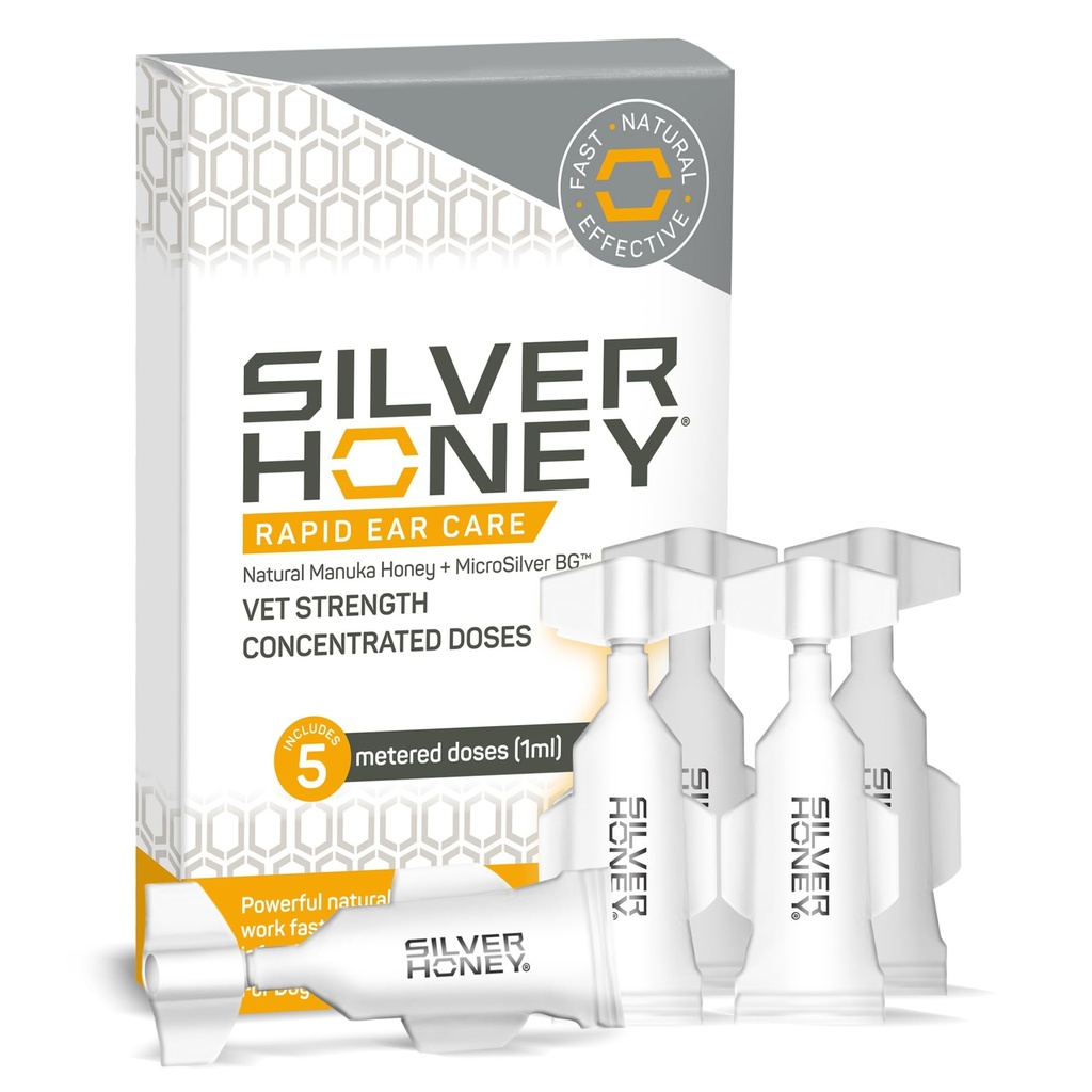 Absorbine Silver Honey Rapid Ureche Ingrijire Vet Concentrare Doze concentrate, 5 Picături ureche pentru 10 zile pe 1 ureche pentru câini și pisici, grad medical Manuka Honey & MicroSilver BG