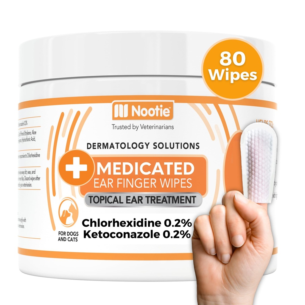 Nootie Deget medicamentat Ureche Wipes cu Clorhexidină pentru câini, Gentle Dog Ureche Curățare Șervețele pentru Mâncărici, Urechi Sensibile - Ajuta la eliminarea ceara, Buildup Dirt, & Odor 80 Wipes - Made in USA