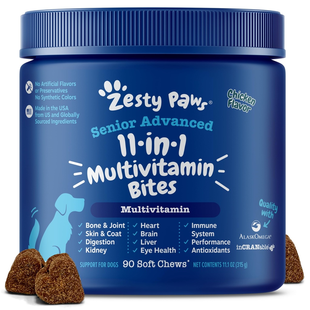 Zesty Paws Senior Dog Multivitamine Treats - Glucosamină pentru câini + enzime digestive & Probiotice - Grain Free Dog Vitamine și suplimente pentru piele & Coat + Imuna sănătate pui - avansat - 90ct