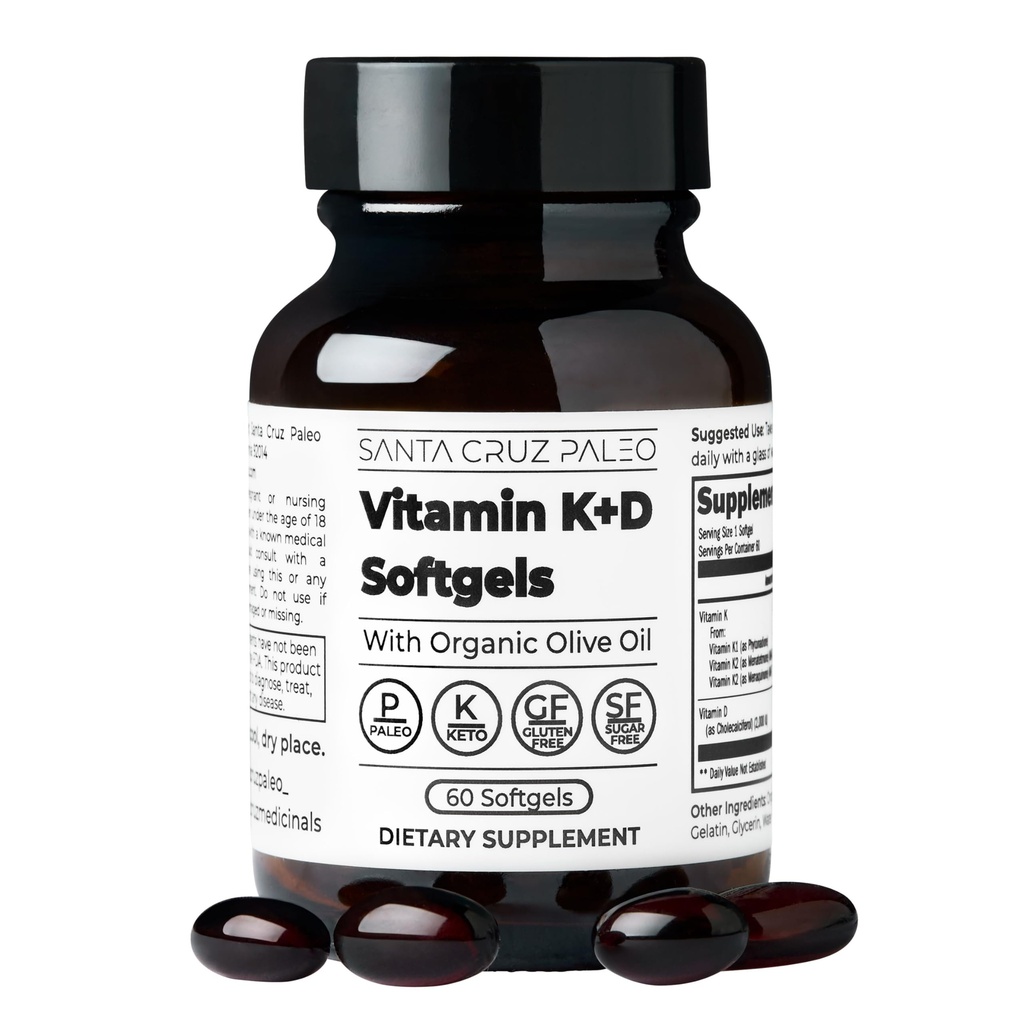 Santa Cruz Paleo Vitamina K2 + D3 Softgels, supliment zilnic cu ulei de măsline organice, include vitamina K1 și două forme de K2, susține inima și sănătatea osoasă, gluten gratuit, zahăr fără, Paleo, Keto, 60 Conte