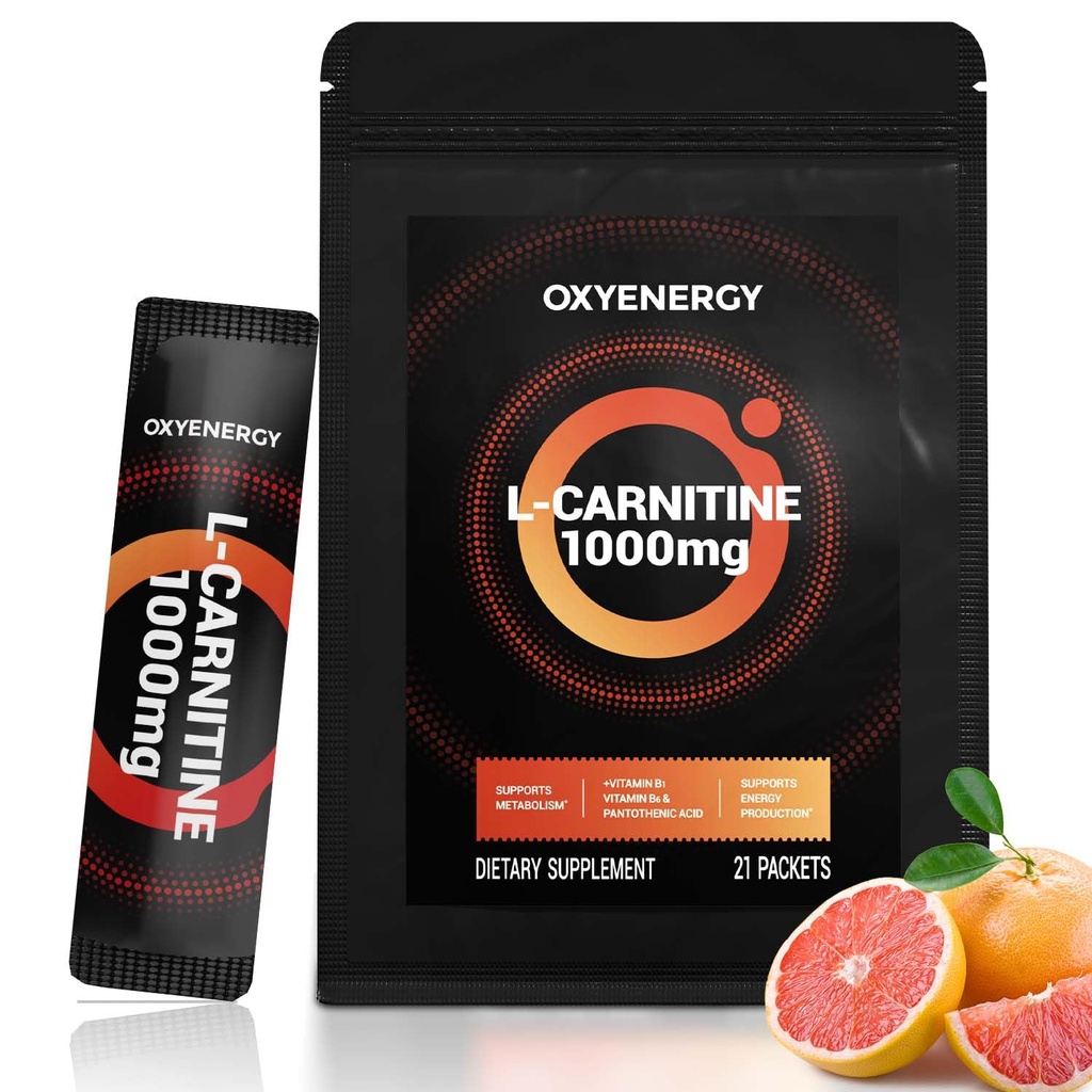 OxyEnergy lichid L-Carnitina Supliment 1000mg - Blând pentru utilizare zilnică, Zero Calorie, Sugar-Free, Stim-Free Fat Burning & Endurance Booster, 21 On-the-Go individual Sticks lichid