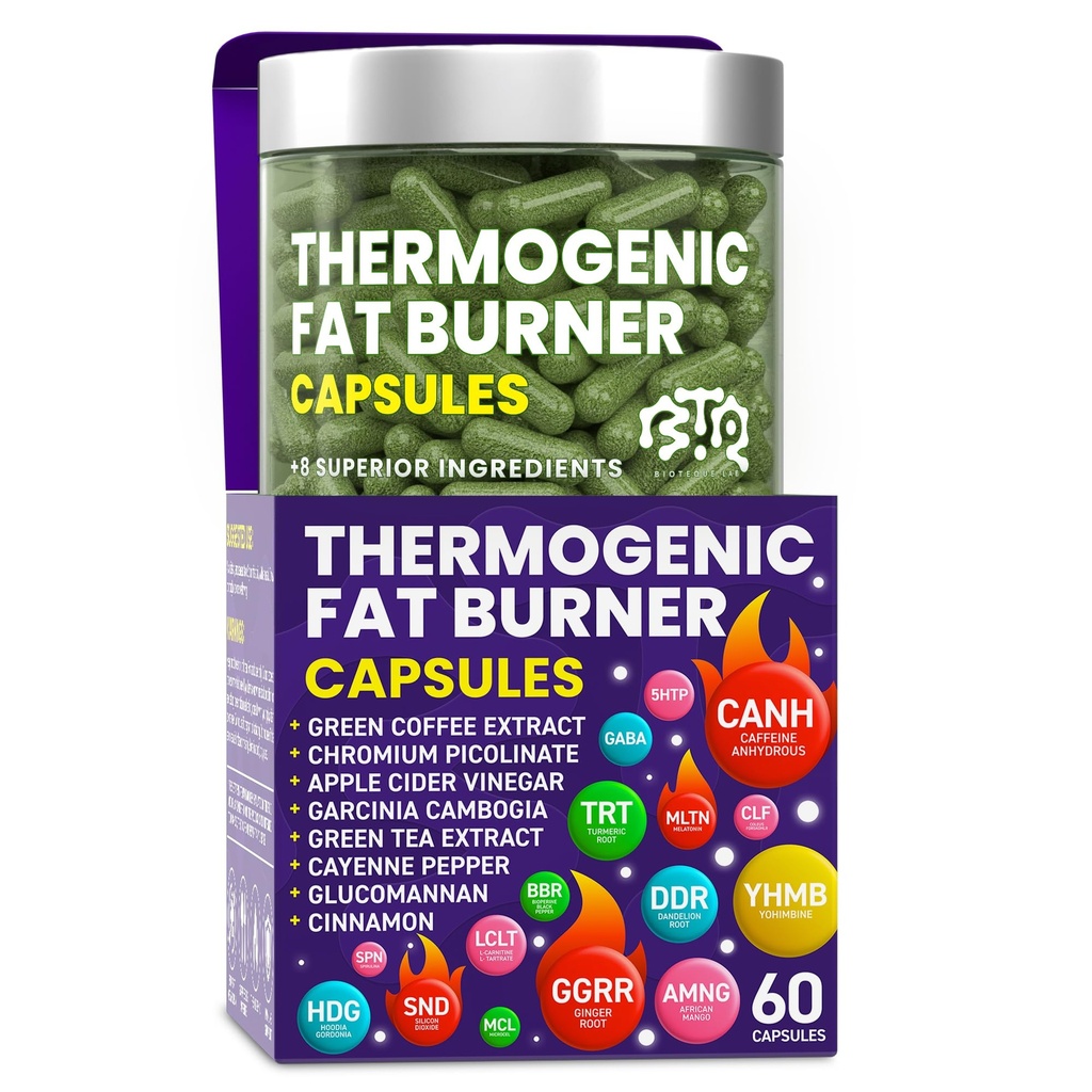 Capsule termogenice Fat Burner - pastile de pierdere in greutate pentru femei si barbati, Apetit Suppressant, Booster metabolic - Ceai verde, extract de cafea, Garcinia Cambogia - pastile dietetice pentru pierderea in greutate - 60 capsule