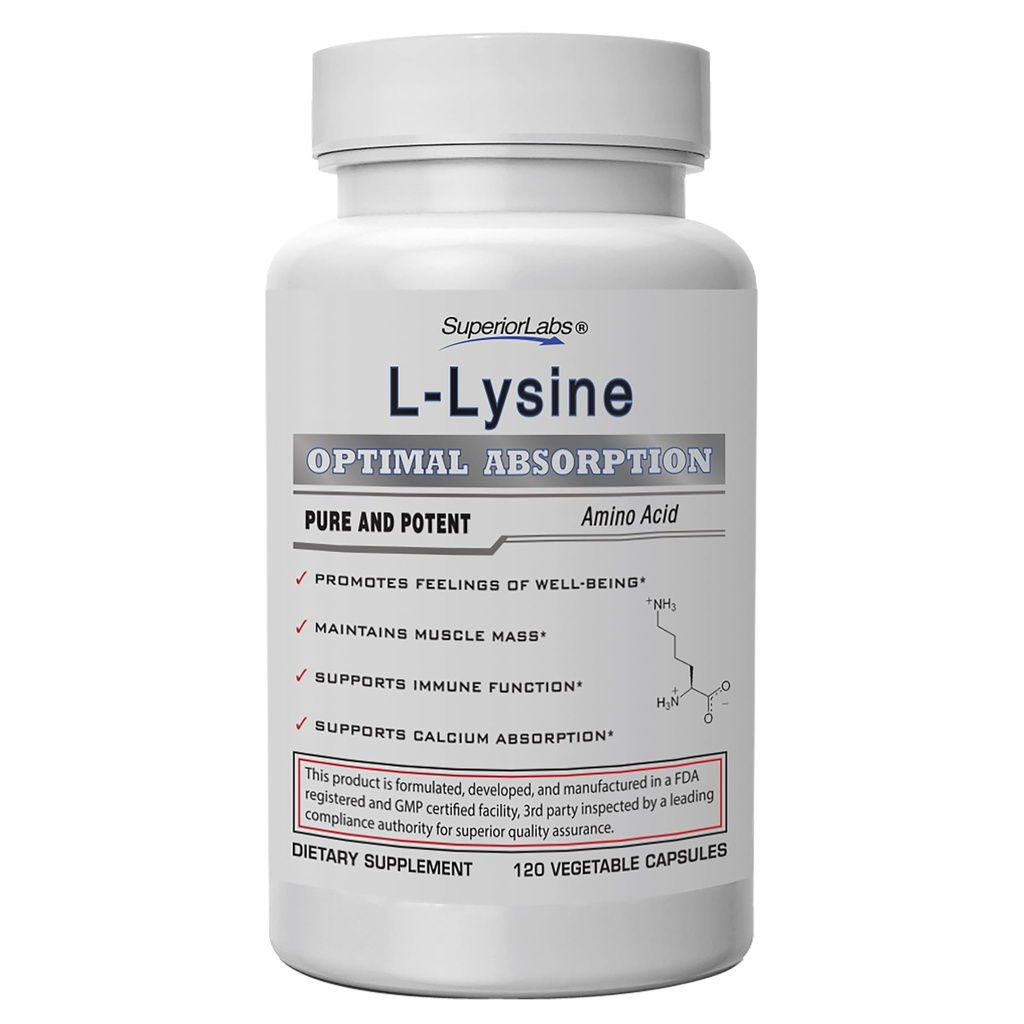 Labs Superior L-Lysine 500 mg Capsule, Pure non-GMO, Third-Party testate, Fără Fillere, Gluten gratuit, Sprijină sistemul imunitar, Promovează Absorbţia de calciu, 120 Capace