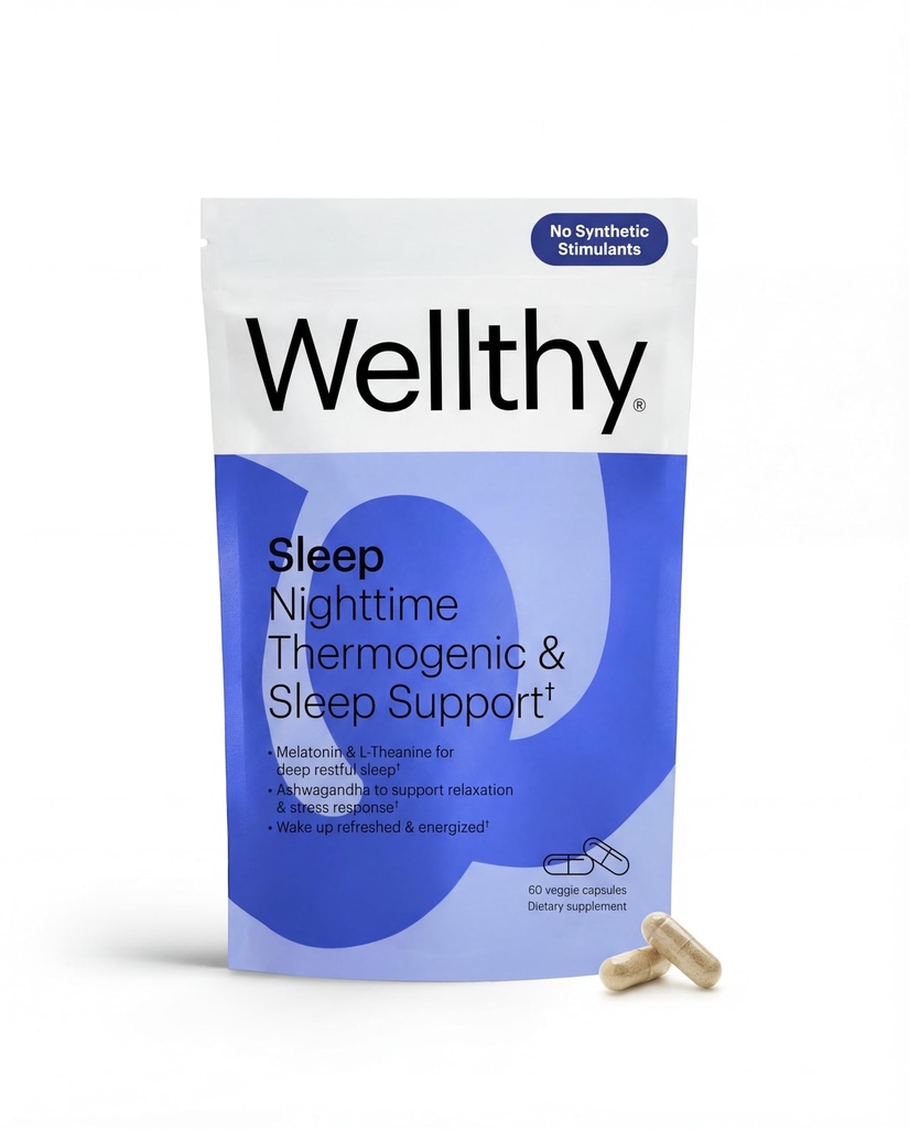 Wellthy Night Time Termogenic - Vitamina B6, Ashwagandha & Melatonina - Nighttime Termogenic pentru femei - Belly Termogenic - Suplimente naturale de pierdere in greutate pentru femei, 60ct