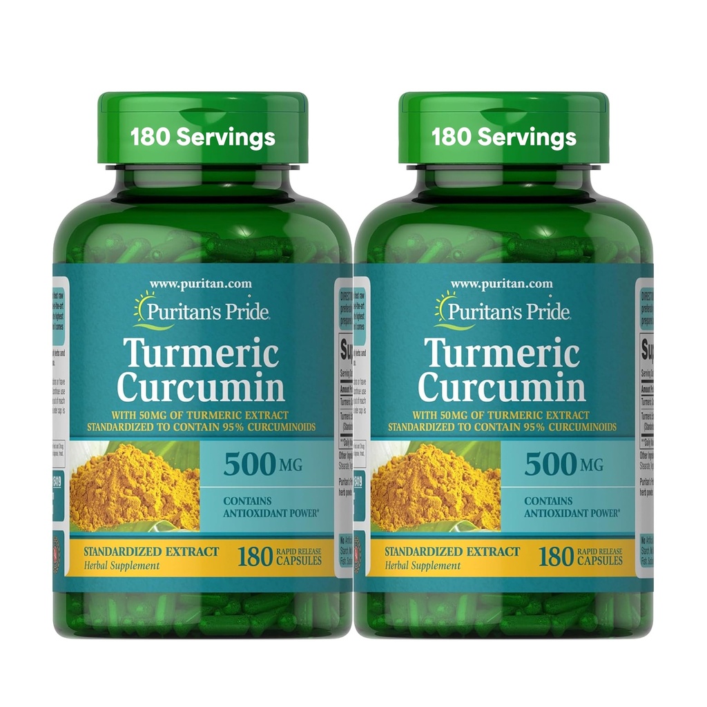 Puritan's Pride Curcumin 500mg, Standarized to 95% Cucuminoids, Herbal Dietary Supplement for Antioxidant Health, 180 Radpid Release Capsule, Pack of 2