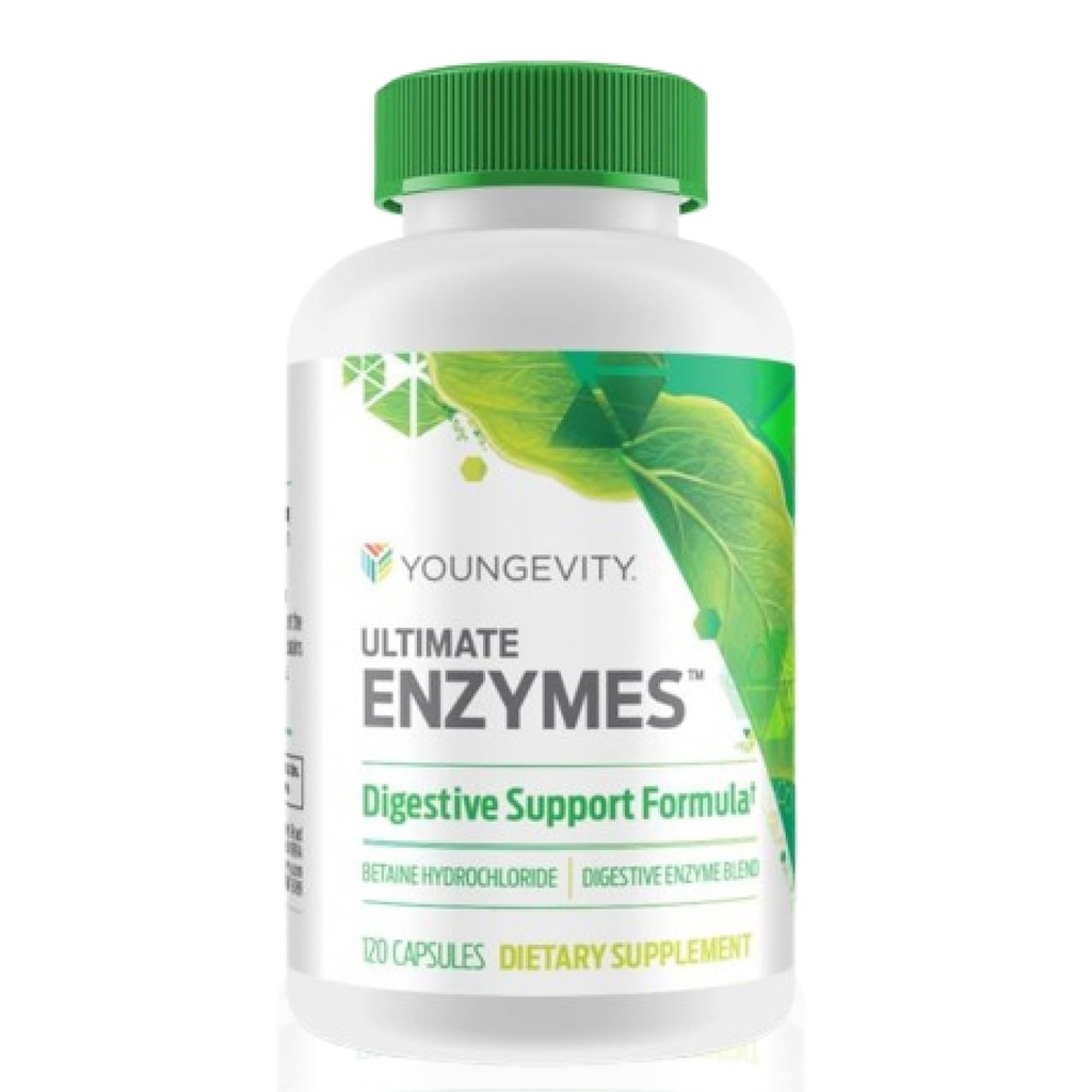 Youngevity Ultimate Enzimes® - Multizymes for Digestion, Gas & Bloating Relief - Betaine HCl, Ox Bile, Pancreatine 10X, Papain 6M, Pepsin 1:3000 (120 capsule)