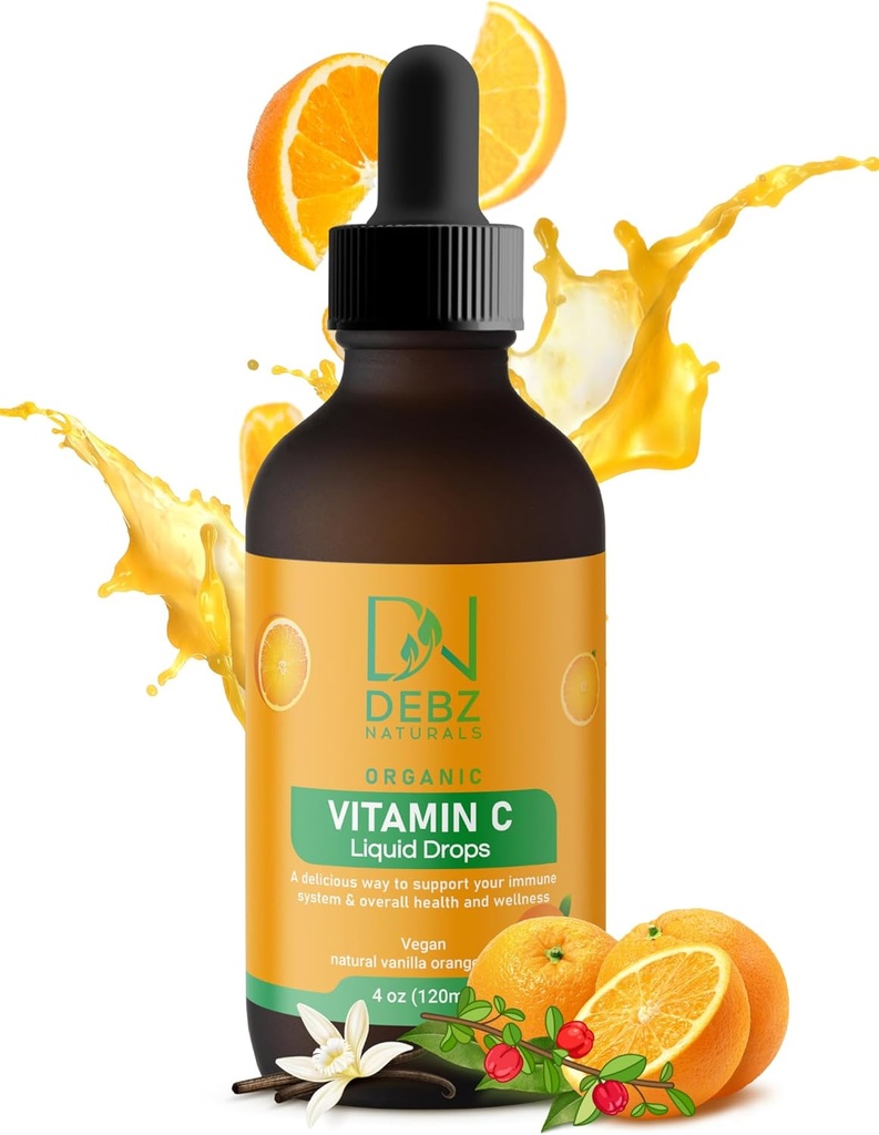 Picături organice de vitamina C lichid - Supliment de sprijin imun - Vegan - Made in USA - 4 oz - Convenabil - Tasty