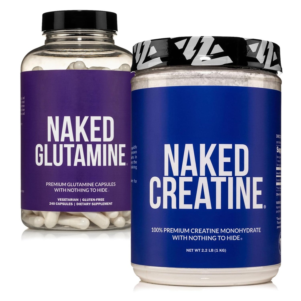 NAKED Pure Micronized Creatin Monohidrat 200 Servings + Pure L-glutamine 240 Capsule Bundle: Vegan, Non-GMO, Gluten Free. Minimizează descompunerea musculară și îmbunătățește sinteza proteică. Nimic artificial.