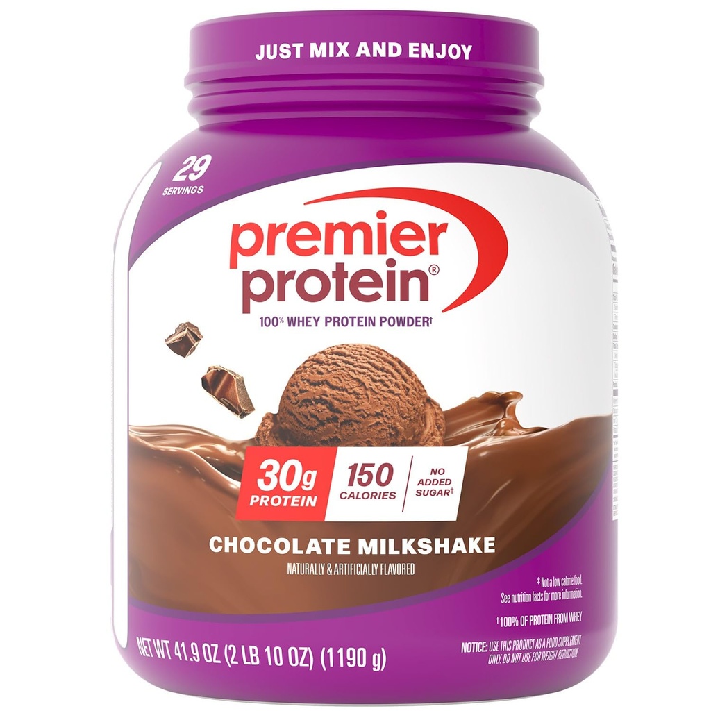 Premier Proteine Powder, Ciocolata Milkshake, 30g Proteine, 1g Zahăr, Nu Soia, Gluten Free, 41.9oz (29 Servings)