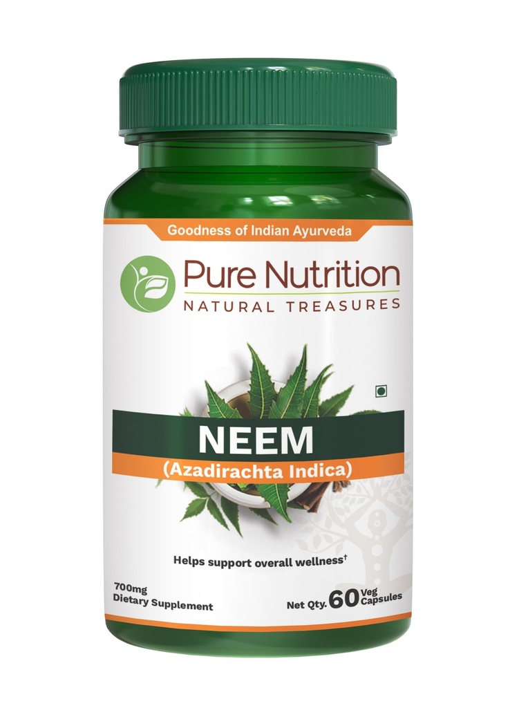 Pure Nutrition Neem Capsules 700mg. (Equivalent până la 2600 mg Neem Leaf Powder and Bark Powder) Non-On-Once Daily 
