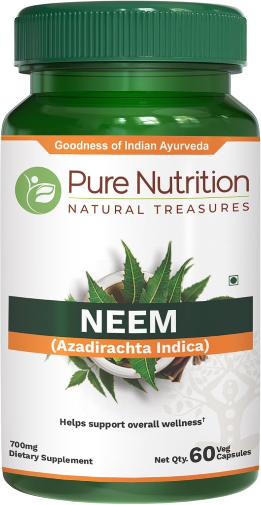 Pure Nutrition Neem Capsules 700mg. (Equivalent până la 2600 mg Neem Leaf Powder and Bark Powder) Non-On-Once Daily 