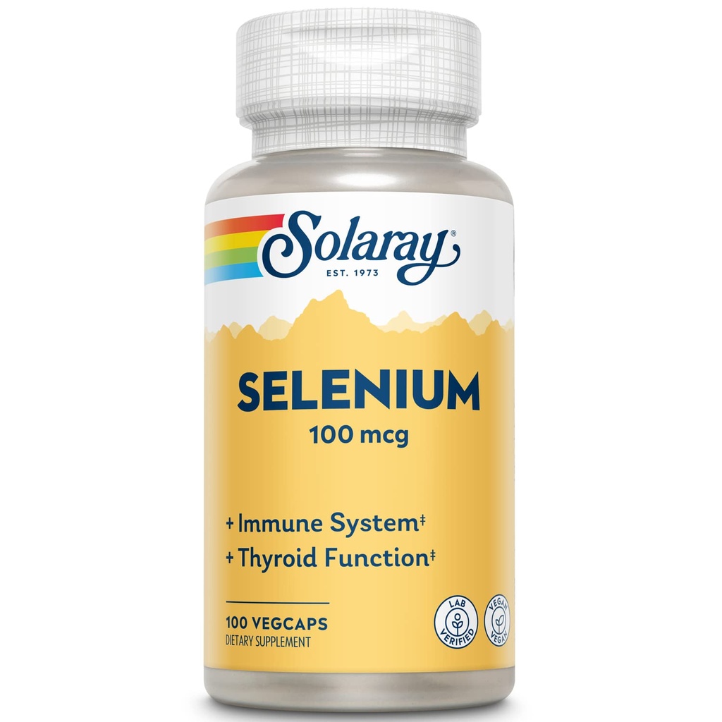 Solaray Seleniu 100 mcg, Sistem imunitar sănătos, Funcţie tiroidiană şi suport antioxidant, Vegan, Lab Verified, 60-Day Garantat, 100 Servings, 100 VegCaps
