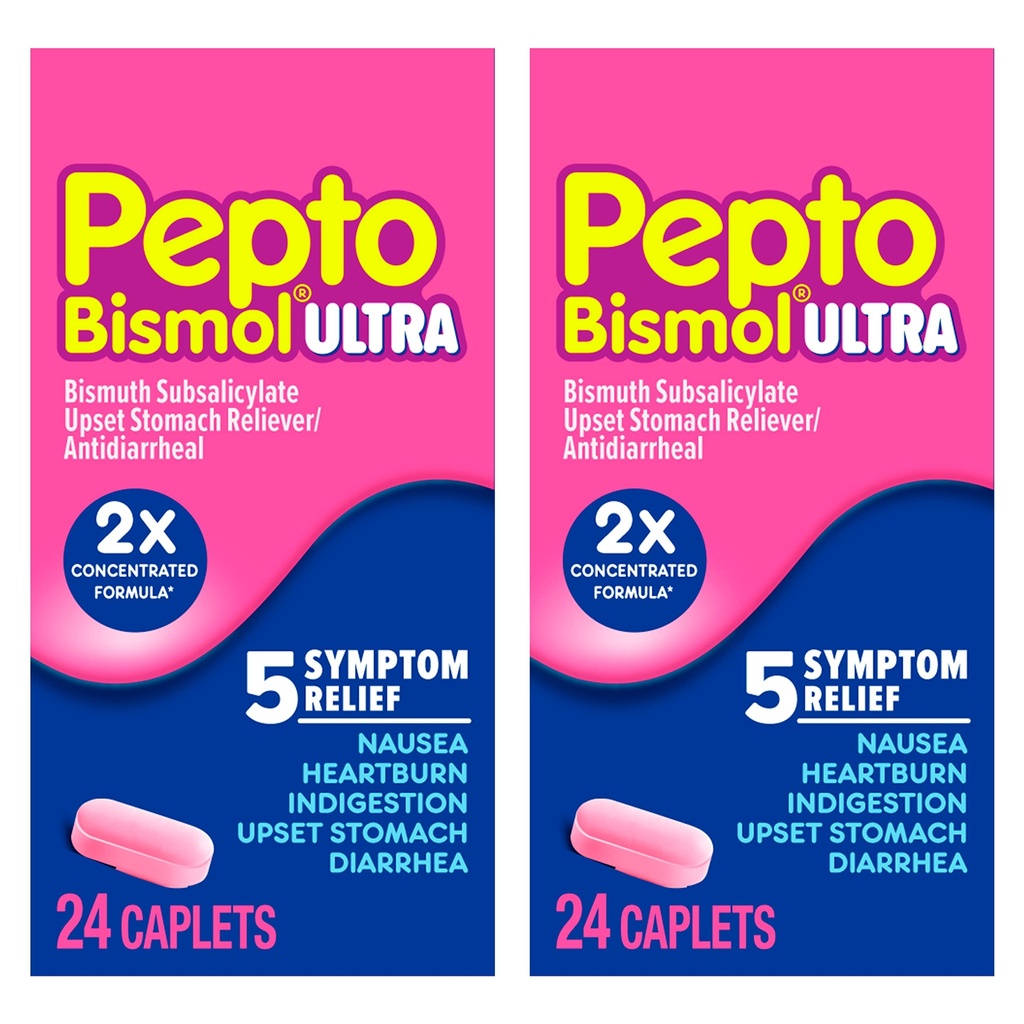 Pepto Bismol ULTRA Caplete, disfuncţie gastrică, greaţă Relief, arsuri la stomac, Indigestie Relief, Anti Diaree Medicamente pentru adulţi - 5 Simptom Relief, 48 ct (2x24 ct)