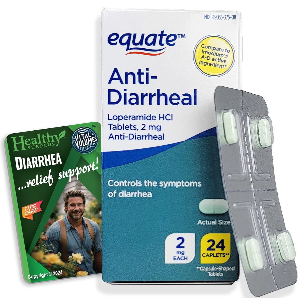 Surplus sănătos Equate Anti-Diareal Loperamidă HCI 2 mg 24 Caplete şi Card de Sfaturi Vital Volume