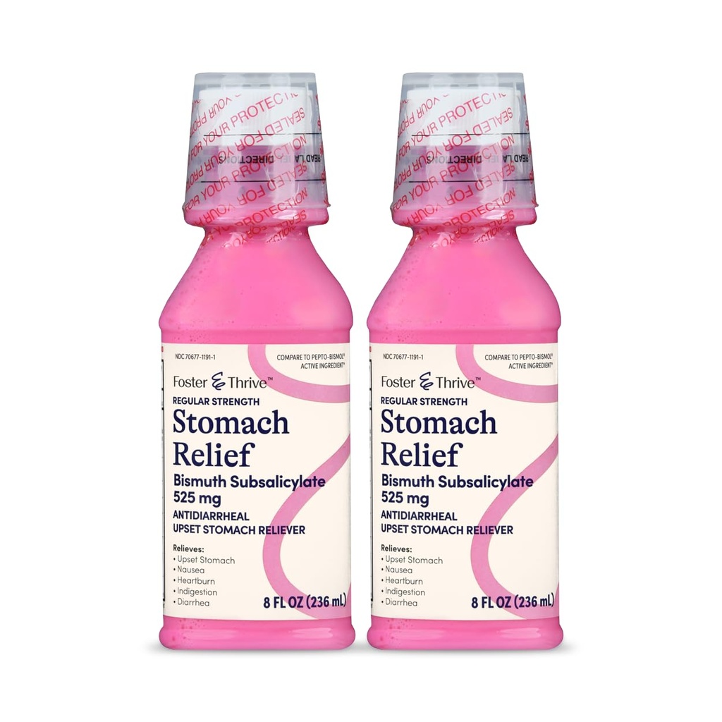 Foster & Thrive Stomac Relief lichid pentru greață, arsuri la stomac, indigestie, stomac supărat, diaree - ajutor rapid pentru 5 Simptome, Antidiareeal, Bismut Subsalicilat 525 mg, Original, 8 oz (Pachet de 2)
