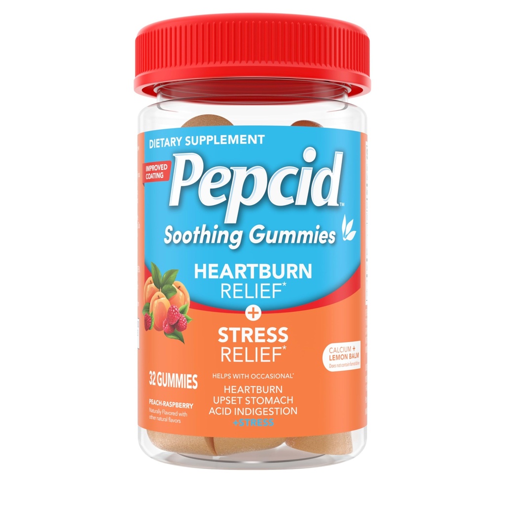 Pepcid Soothing Antiacid Gumies, Arsuri la stomac + Relief de stres pentru arsuri la stomac ocazionale, indigestie cu acid, cu extract de balsam de lamaie, fosfat tricalcic, Peach-Raspberry, 32 ct