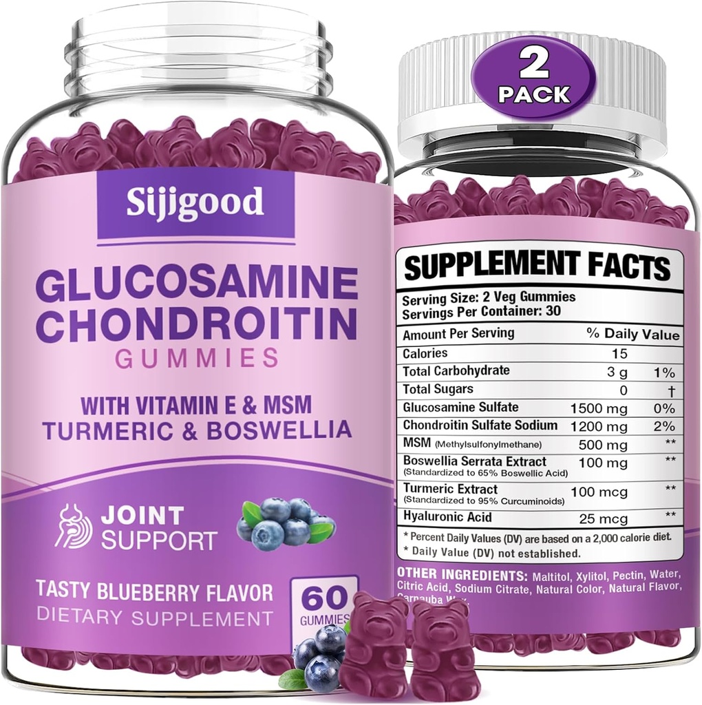 2 Pack Glucosamină Chondroitin Gumies, extra Putere Glucosamină Chondroitin MSM cu Elderberry & Turmeric, sănătate comună, flexibilitate, antioxidant, imun pentru adulți-Blueberry aroma, 120 Gume