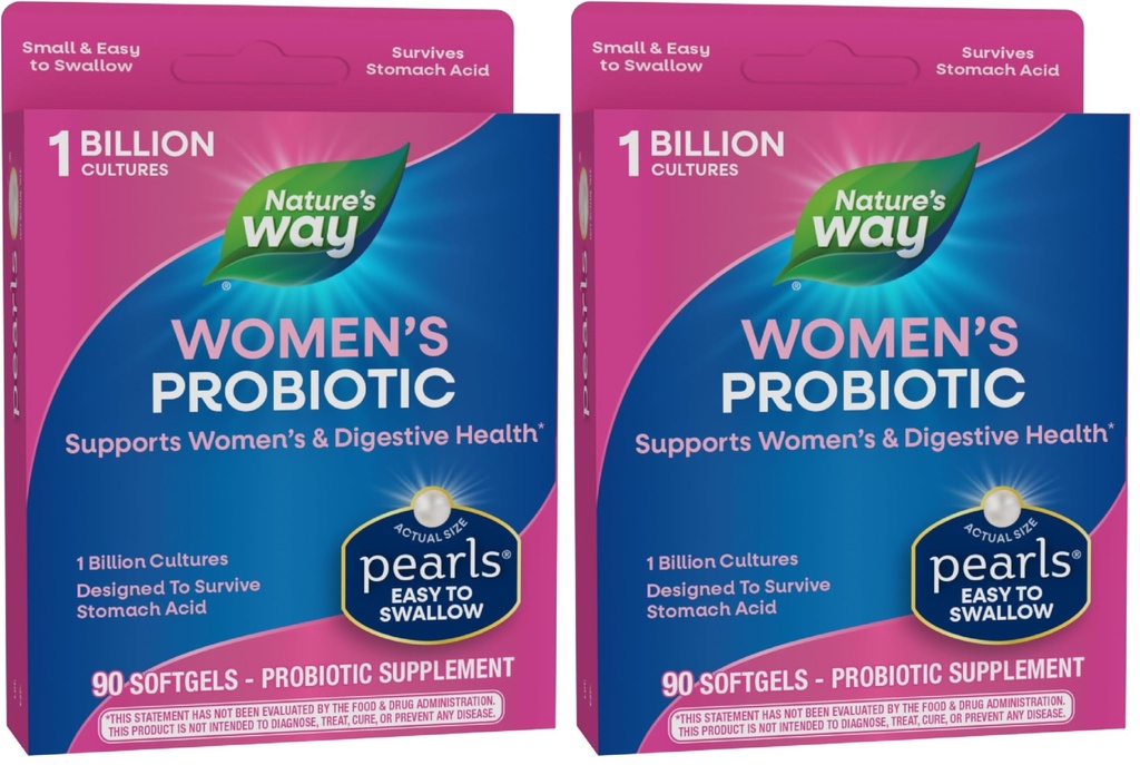 Natura's Women's Way Probiotic Pearls, Supports Women's and Digestive Health*, Protects Against Ocazional Constipație & Bloating*, 1 Miliard Live Cultures, 90 Softgels, (Pachet de 2)