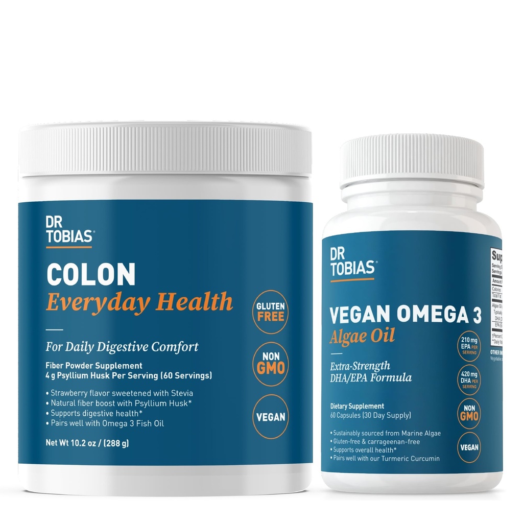 Dr. Tobias Colon În fiecare zi Sănătate & Vegan Omega 3 Ulei de alge - Digestive Wellness și Daily Health Support with Psyllium Husk and DHA EPA Omega 3, Vegan, Non-GMO