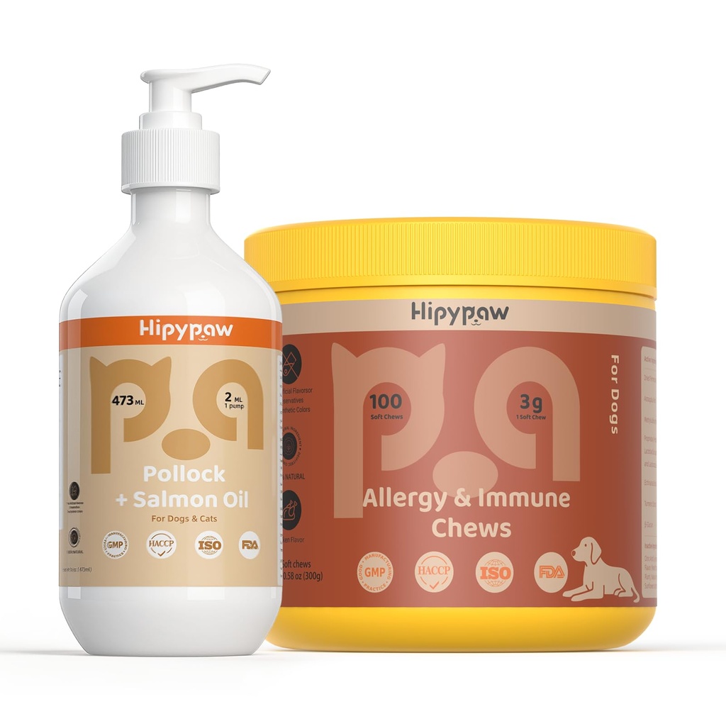Dog Skin & Allergia suport Bundle: ulei de pește Omega 3 + Alergie Relief Chews for Itchy Skin, Immune & Digestive Health