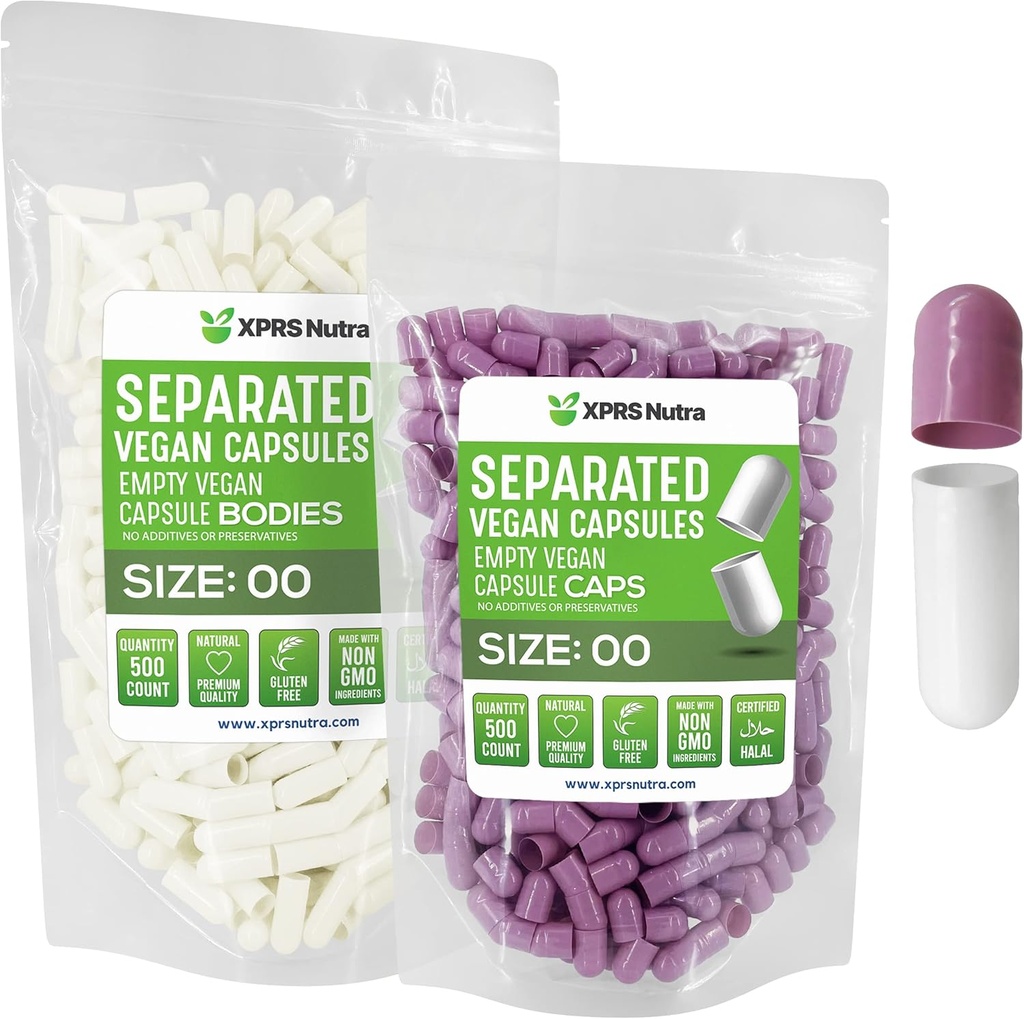 XPRS Nutra Vegan Dimensiune 00 Capsule separate - 500 capsule Premium separate în pungi - 00 pastile goale pentru umplere suplimentară DIY (Lavandă/White)