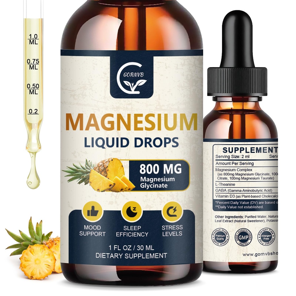 (2 ambalaj) Magneziu Glicinate Picături lichide 1000 mg Complex de magneziu lichid cu D3, L-Thea & GABA pentru energie, somn, nervi și sănătate cardiacă, absorbție ridicată, aroma de Ananas