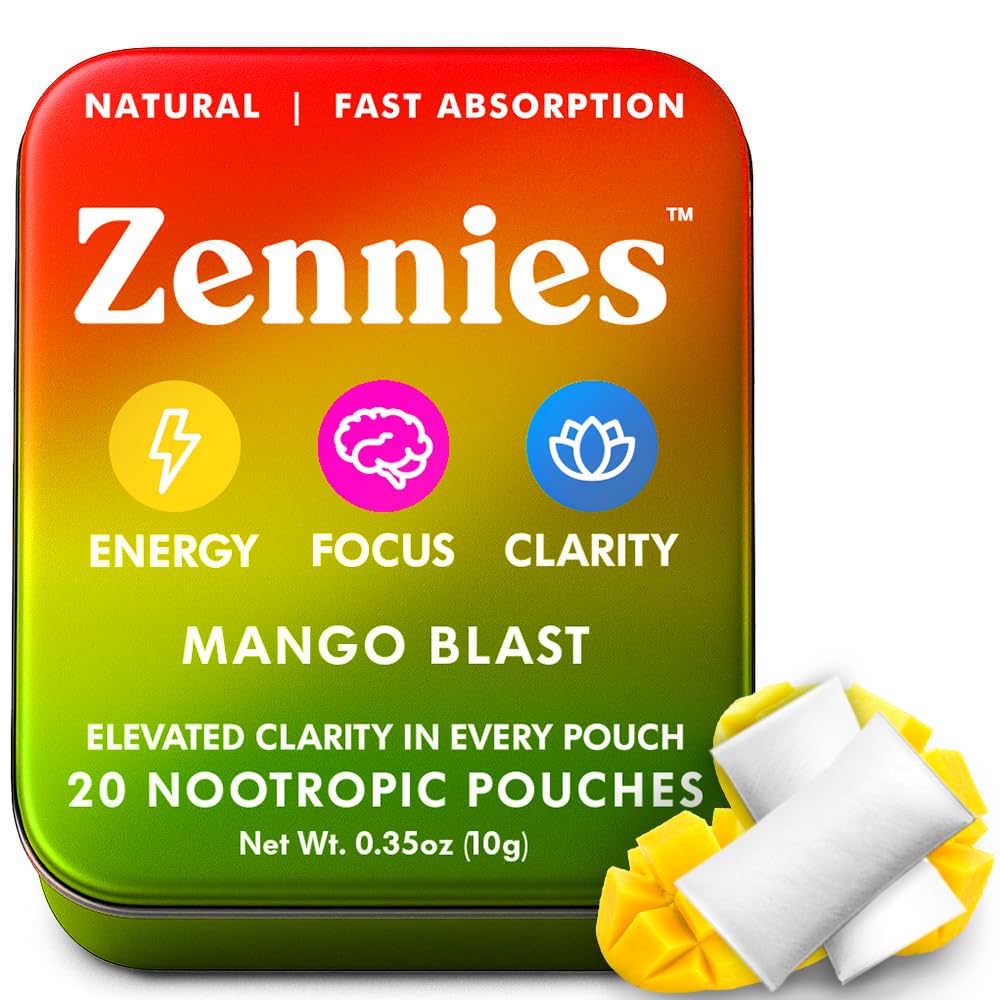 Zennies Caffeine Nootropic Poches with Alpha GPC, L-Tyrosine & L-Theanine, Lion's Mane, Cordyceps, Reishi - Nicotine Free, No Sugar or Artificial Sweetners Nootropic Energy Pouchs, Mango Blast 1 PK
