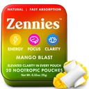 Zennies Caffeine Nootropic Poches with Alpha GPC, L-Tyrosine & L-Theanine, Lion's Mane, Cordyceps, Reishi - Nicotine Free, No Sugar or Artificial Sweetners Nootropic Energy Pouchs, Mango Blast 1 PK