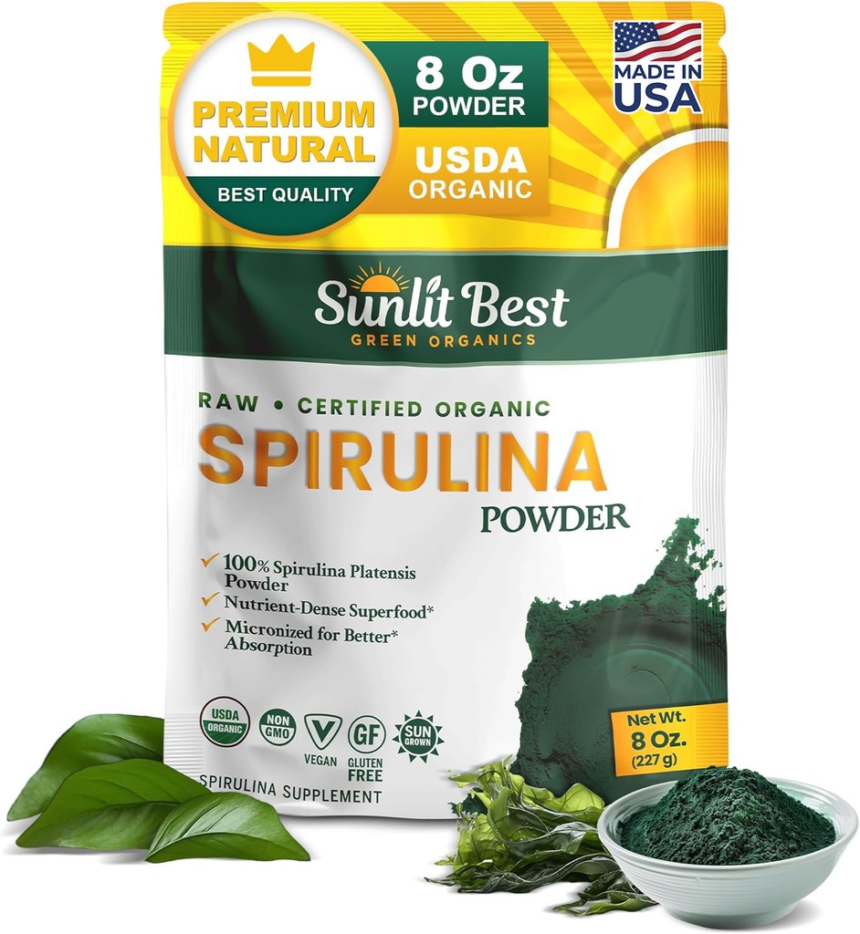 Sunlit Cel mai bun Spirulina Powder Organic USDA - Clorofila, Absorbție rapidă, albastru-verde Spirulina Algae, Proteina Vegan brut - non-GMO, Gluten Free Superfood Energy, Gut, Immune Supplement - 8 Oz