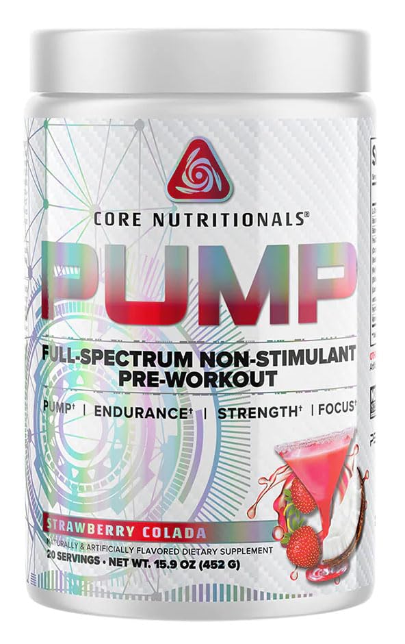 Nucleu nutritionals Pompa Full-Spectru non-Stimulant Pre-Workout, cu N03T Nitrate, Peak02, Alpha GPC, pentru pompa maxima, Putere, si performanta 20 Serviri (Strawberry Colada)