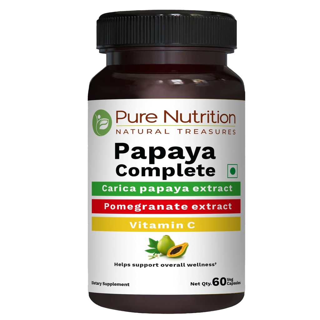 Pure Nutrition Papaya Complete - 60 Veg Capsule (Suports Trombocite Imunitate & Digestion) Fiecare capsulă conține 500mg Carica Papaya fructe și extract de frunze. Non-OMG 