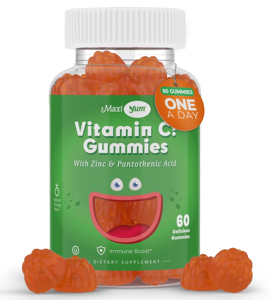 Gume de vitamina C Maxi-Health cu zinc - vitamina C Maxi-Health cu zinc pentru copii și adulți - Suport respirator și Booster imunitar - Nu Conservanți și arome artificiale - 60 Gume cu formă de fructe