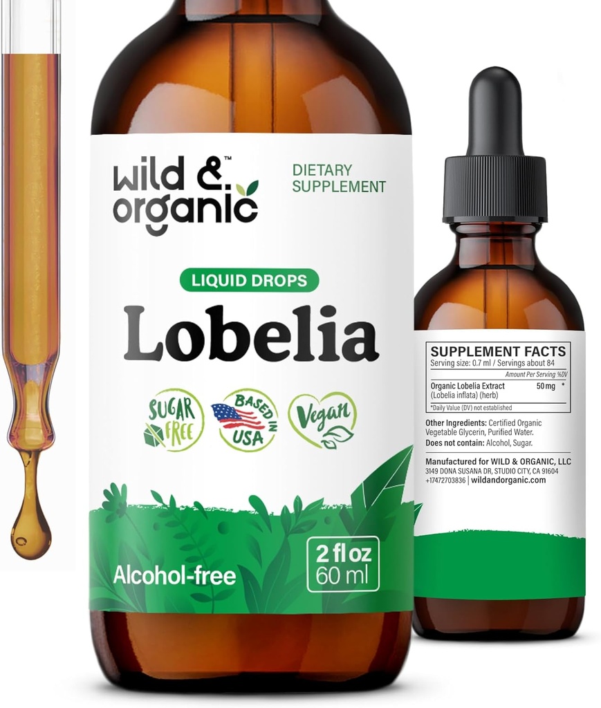 Wild & Organic Lobelia Tincture - Herbal Lung Cleanse și dezintoxicare - Liquid Lobelia Extract Supliment - Vegan, Sugar & Alcohol-Free Herb Drops - 2 fl oz