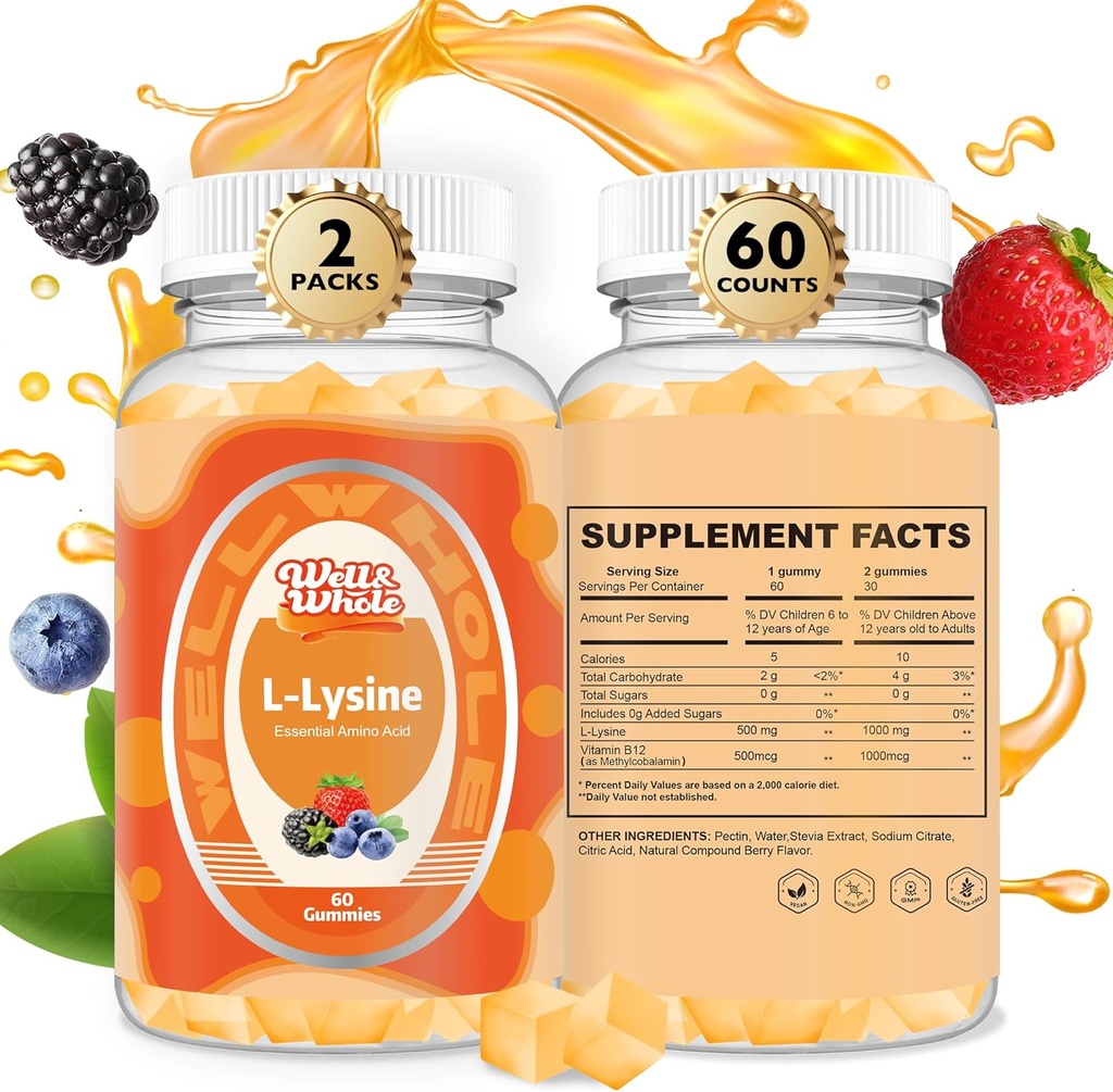 L-Lysine Gummies 1000mg - L-Lysine Suplimente pentru copii si adulti - Lip and Cold Sore* Support for Women - Chembable Lysine Gumies with Vitamin B12 - Vegan, Non OMG, Gluten-free, 120 Counts
